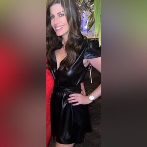 Alice + Olivia Black Faux Leather Midi Dress with Tie Waist